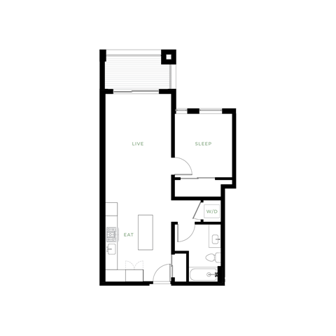 Floor plan for 1 bed, 1 bath, 638 sqft